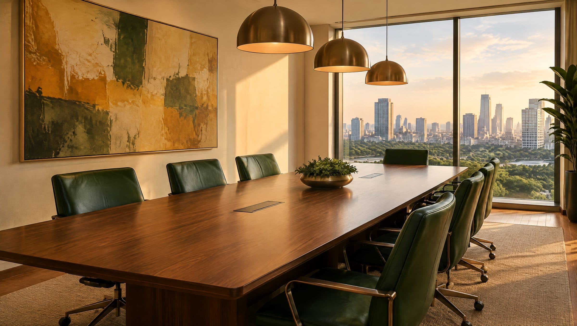 Sala de reunião com mesa de nogueira e cadeiras de couro verde